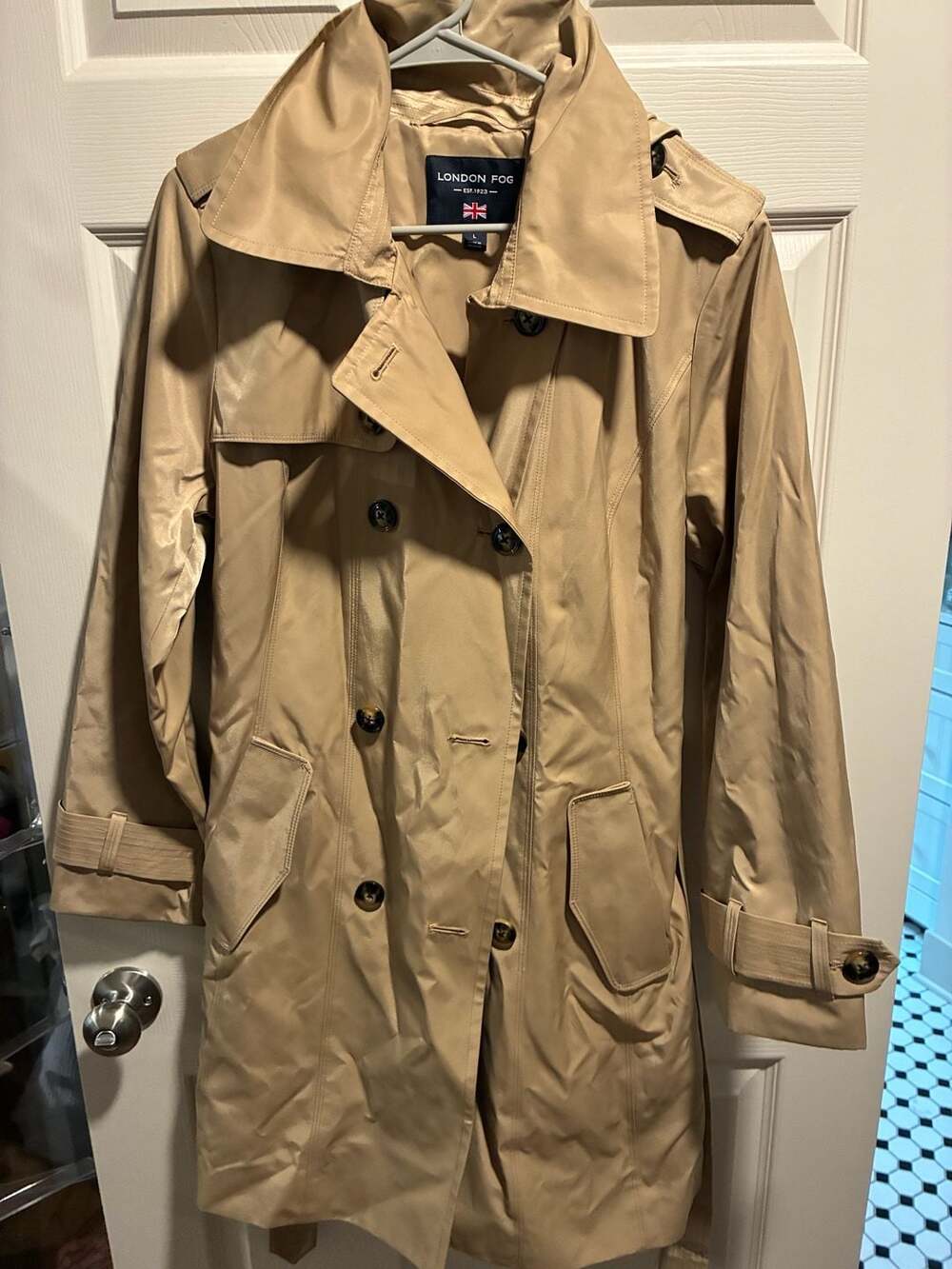 London Fog Women's Double-Breasted Hooded Trench Coat, Tan